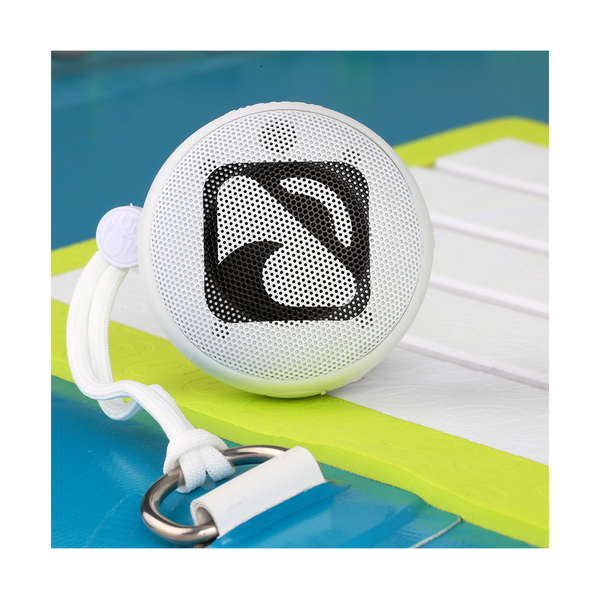 waterproof bluetooth speaker connected to d ring on the SUP White