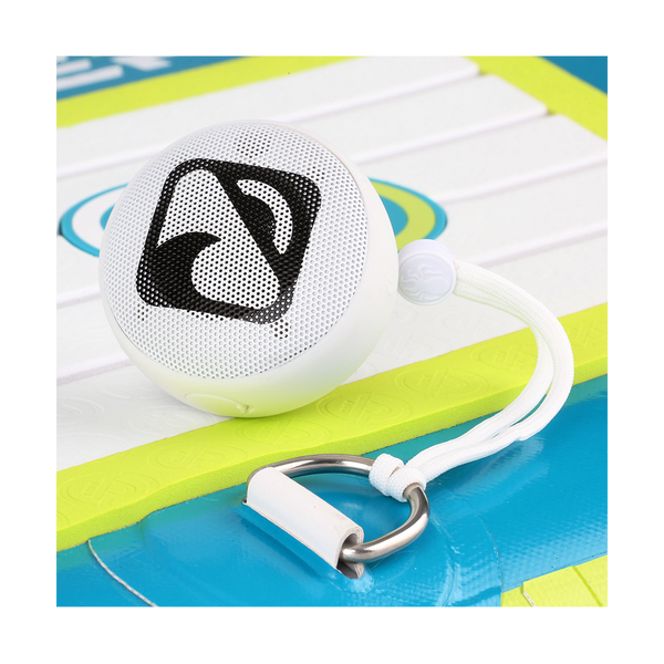 waterproof bluetooth speaker connected to the d ring of SUP White